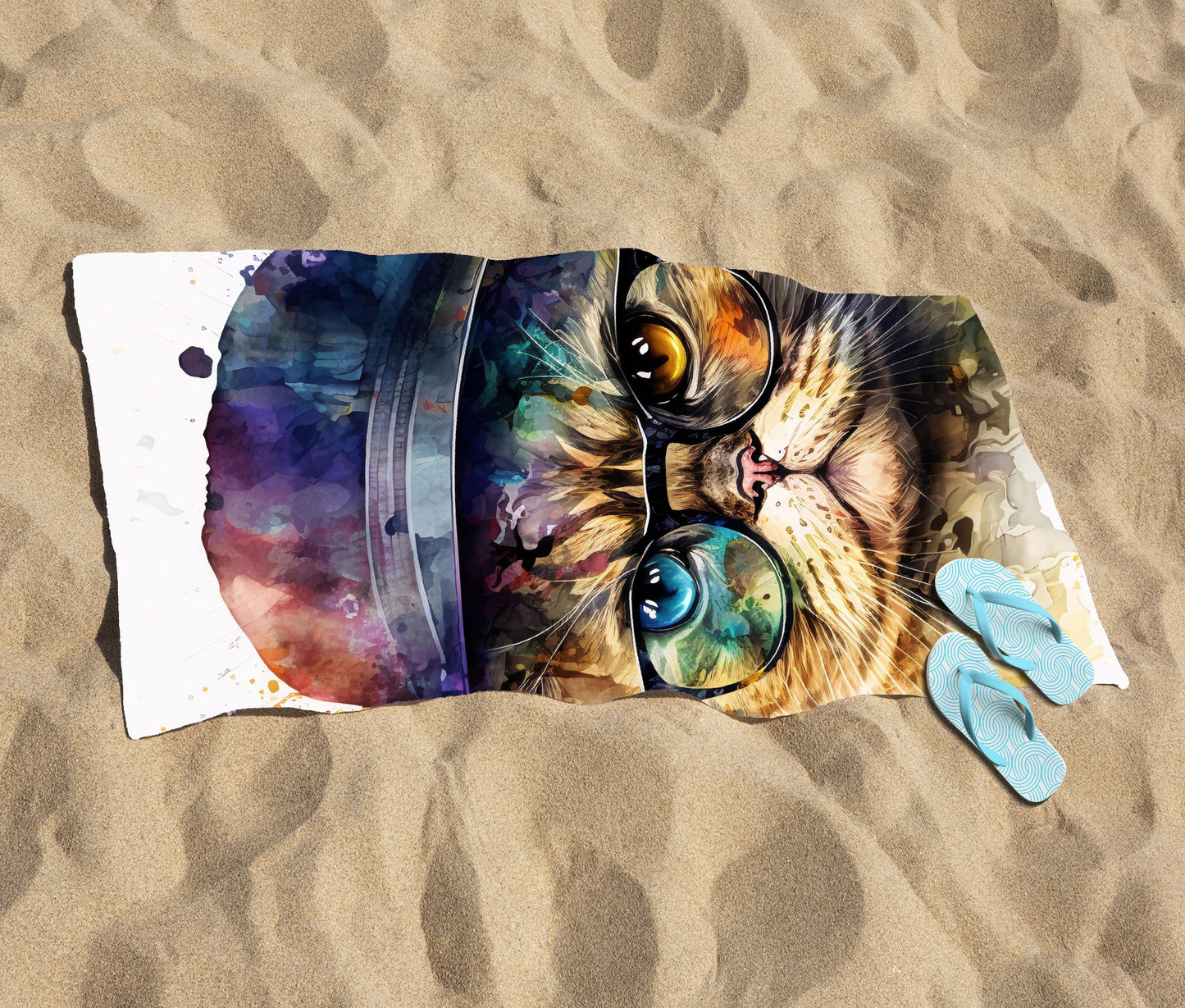 Shorthair Cat With Glasses Splashart Beach Towel