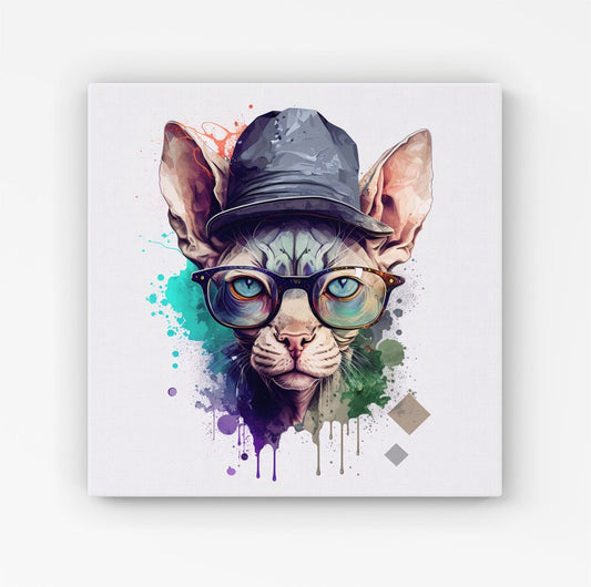 Sphynx Cat Face Glasses And Hat Splashart HD Metal Print