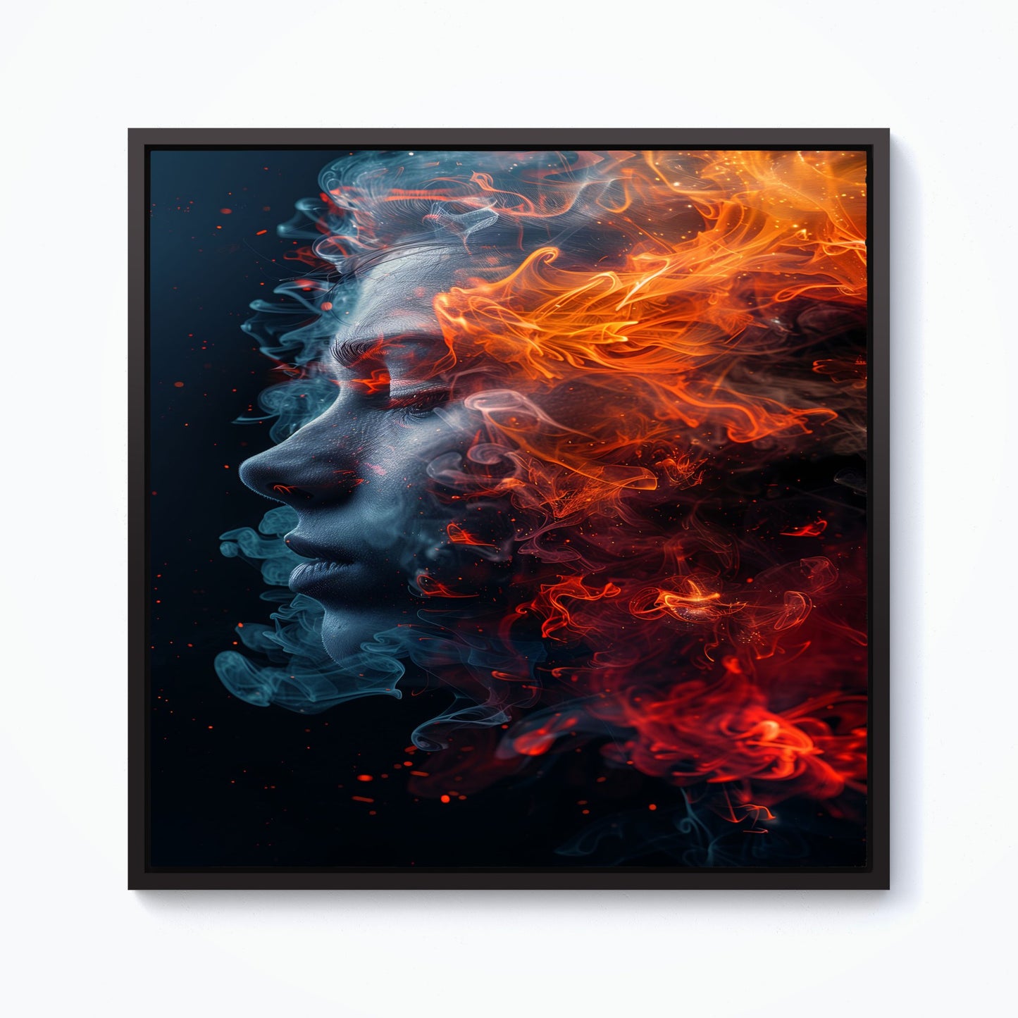 Fiery Mindscape: Portrait In Flames Framed Canvas