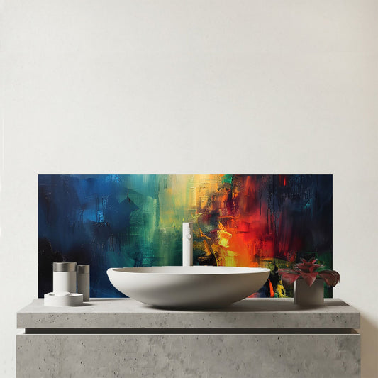 Colourful Chaos: Urban Dreamscape Glass Bathroom Splashback