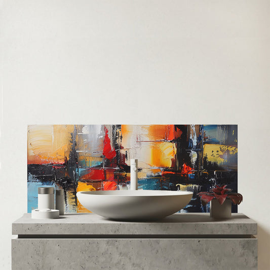 Reflective Splendour: City In Abstract Glass Bathroom Splashback