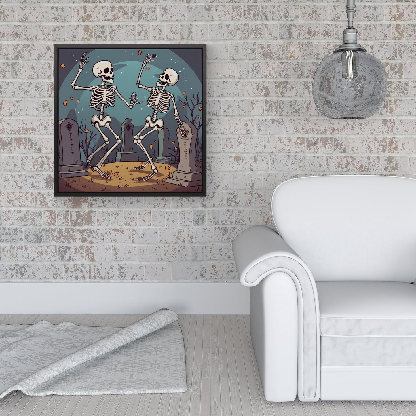 Dancing Skeletons In A Graveyard Framed Canvas