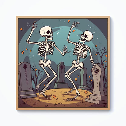 Dancing Skeletons In A Graveyard Framed Canvas