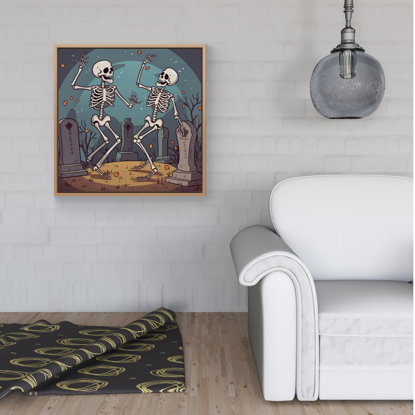 Dancing Skeletons In A Graveyard Framed Canvas