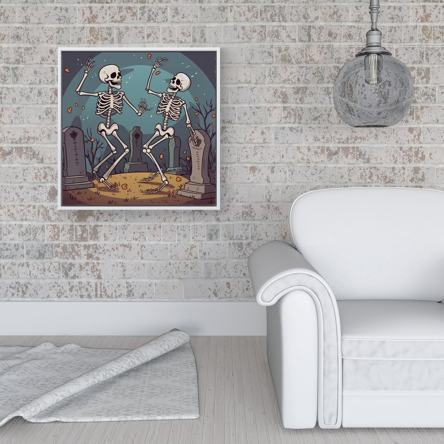 Dancing Skeletons In A Graveyard Framed Canvas