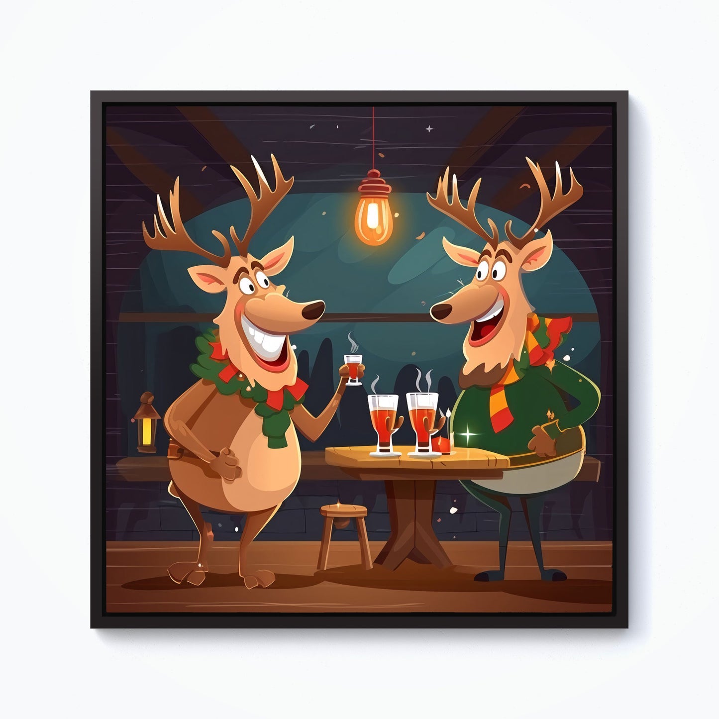 Reindeers Having A Beer Framed Canvas