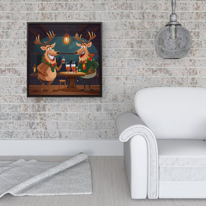 Reindeers Having A Beer Framed Canvas