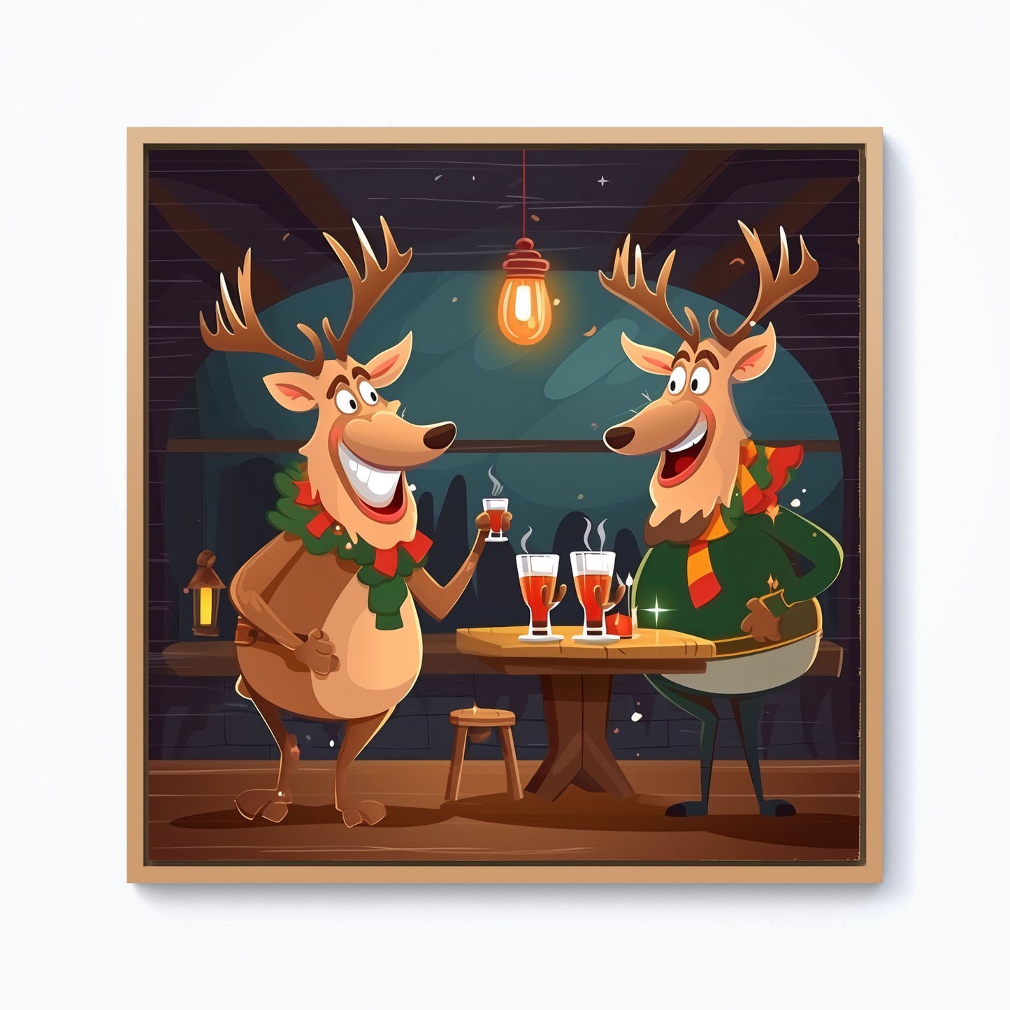 Reindeers Having A Beer Framed Canvas