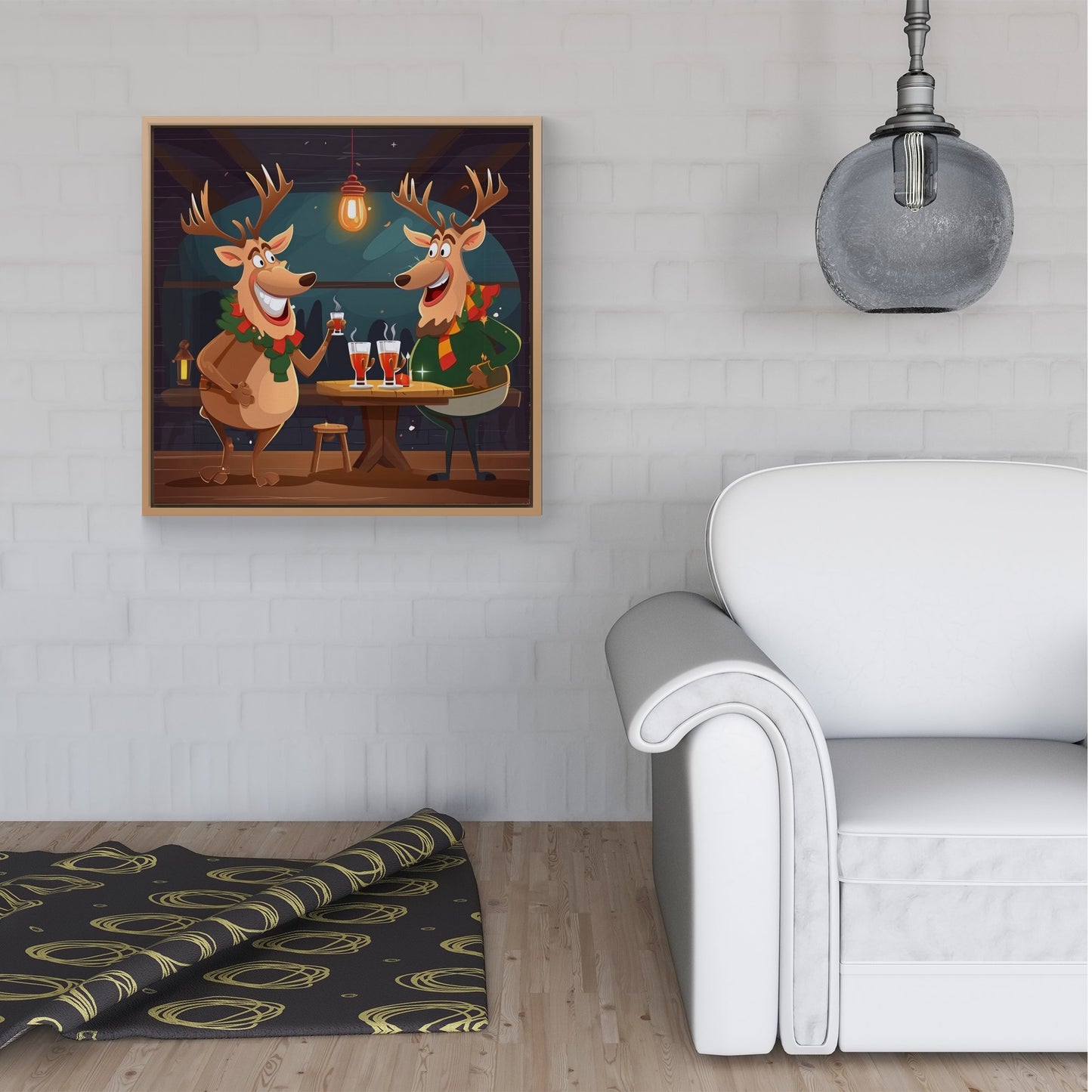 Reindeers Having A Beer Framed Canvas