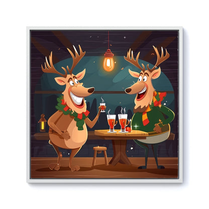 Reindeers Having A Beer Framed Canvas