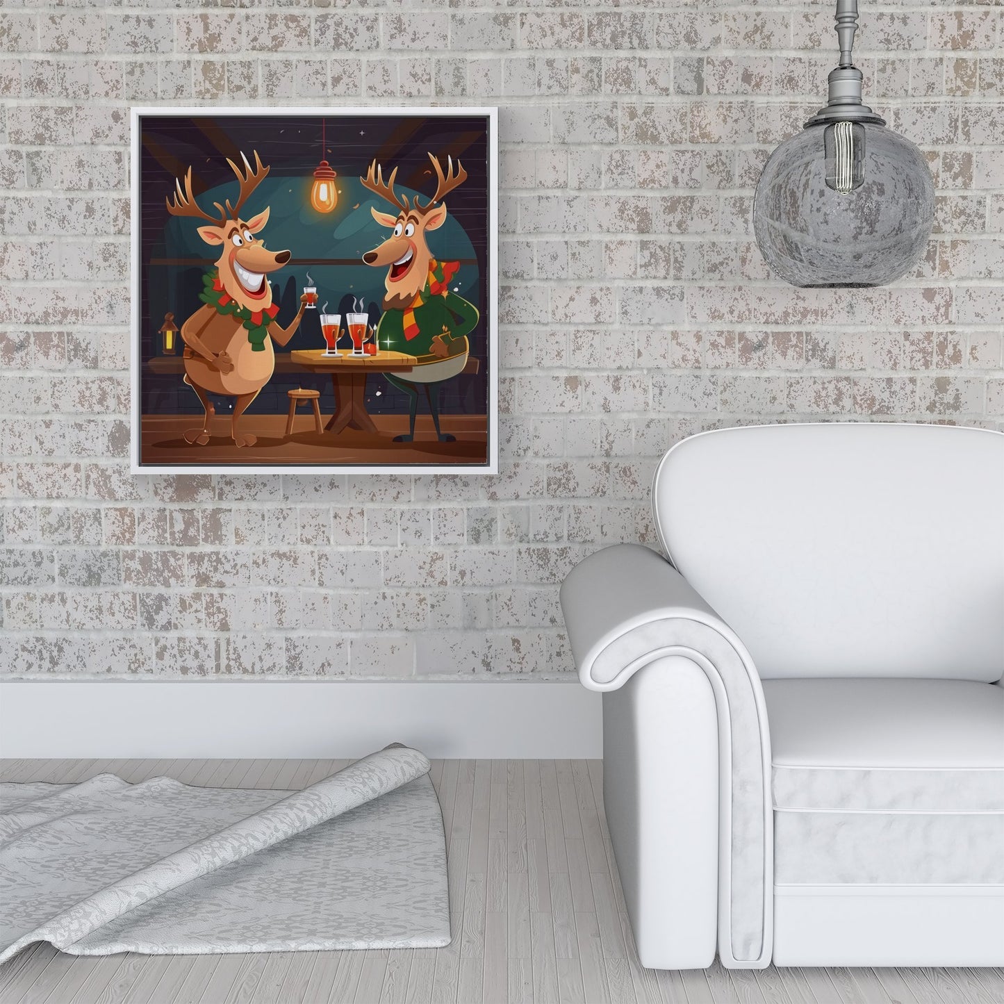 Reindeers Having A Beer Framed Canvas