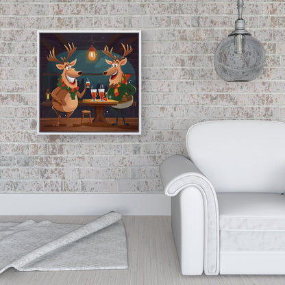 Reindeers Having A Beer Framed Canvas