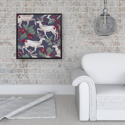 Reindeers And Holly Framed Canvas