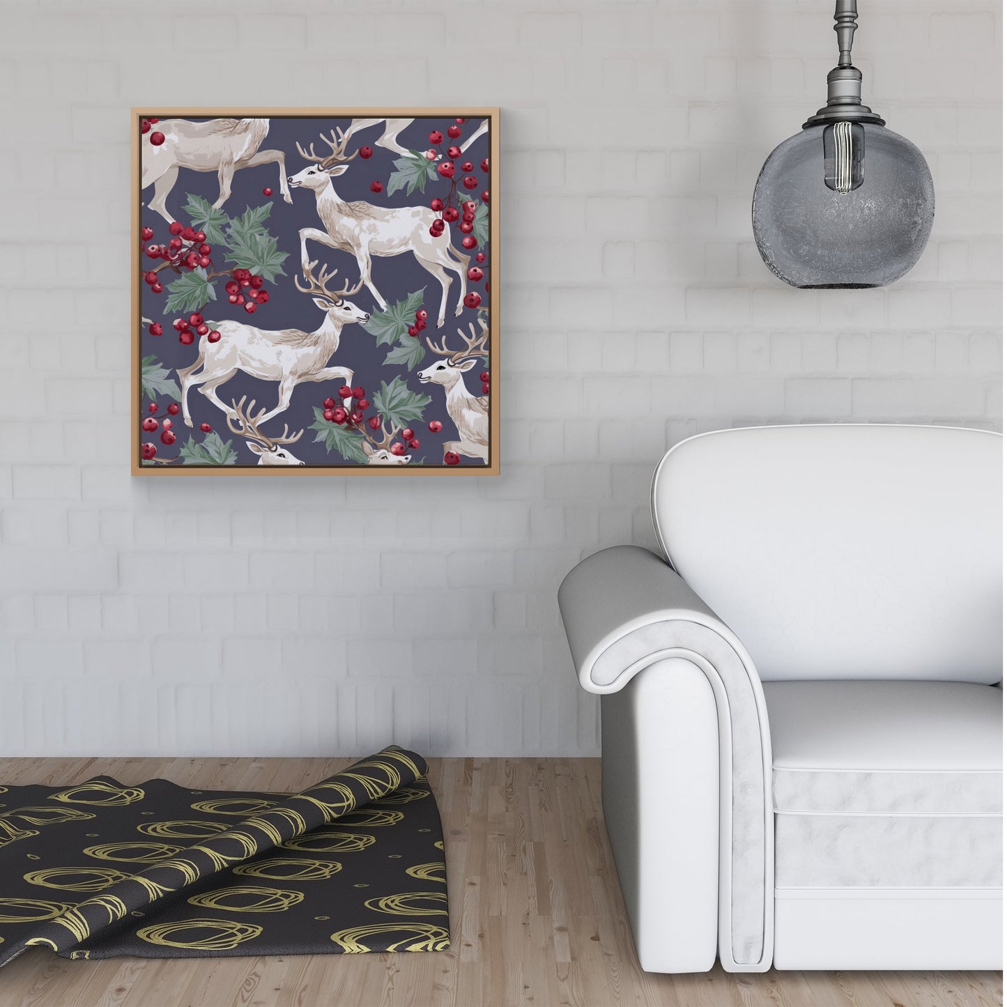 Reindeers And Holly Framed Canvas