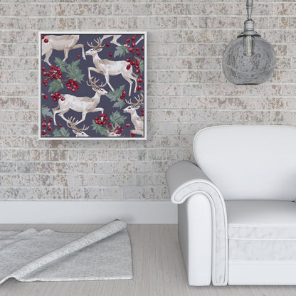 Reindeers And Holly Framed Canvas