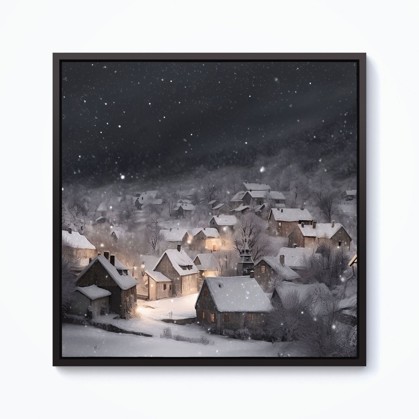 Snowfall Over A Quiet Village Framed Canvas