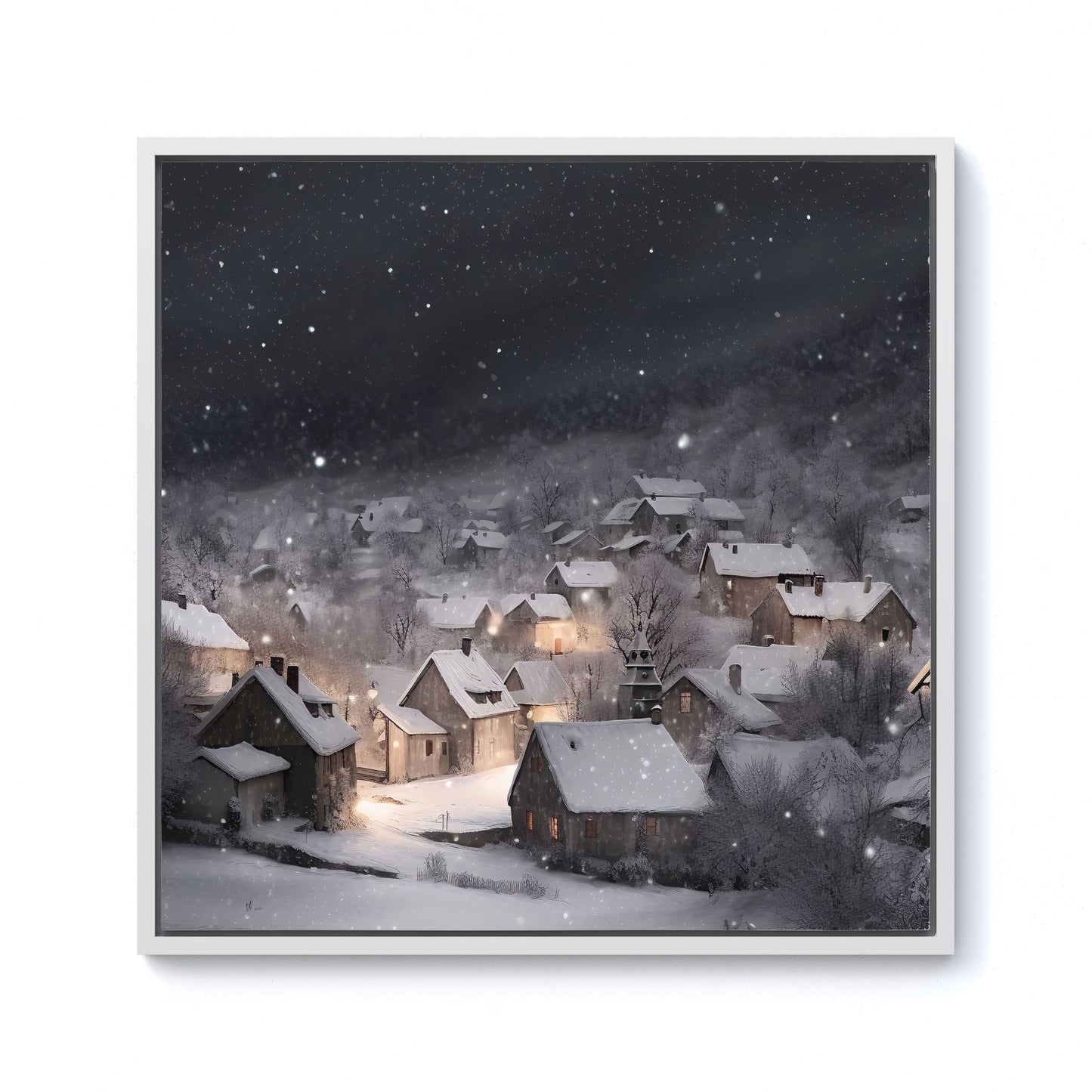 Snowfall Over A Quiet Village Framed Canvas