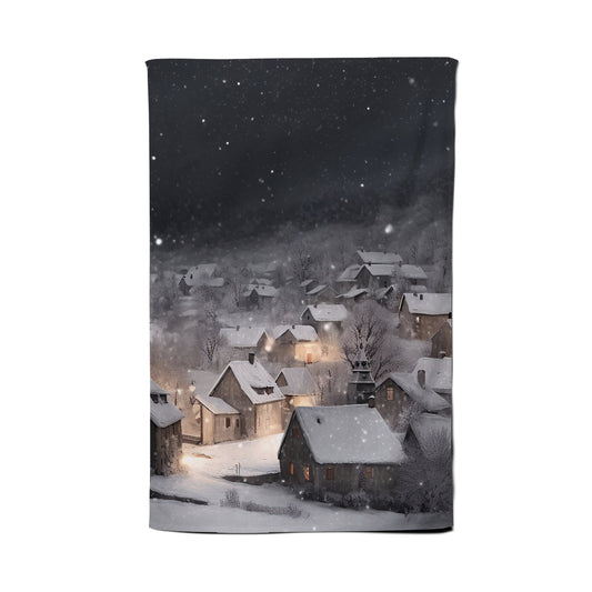 Snowfall Over A Quiet Village Tea Towel