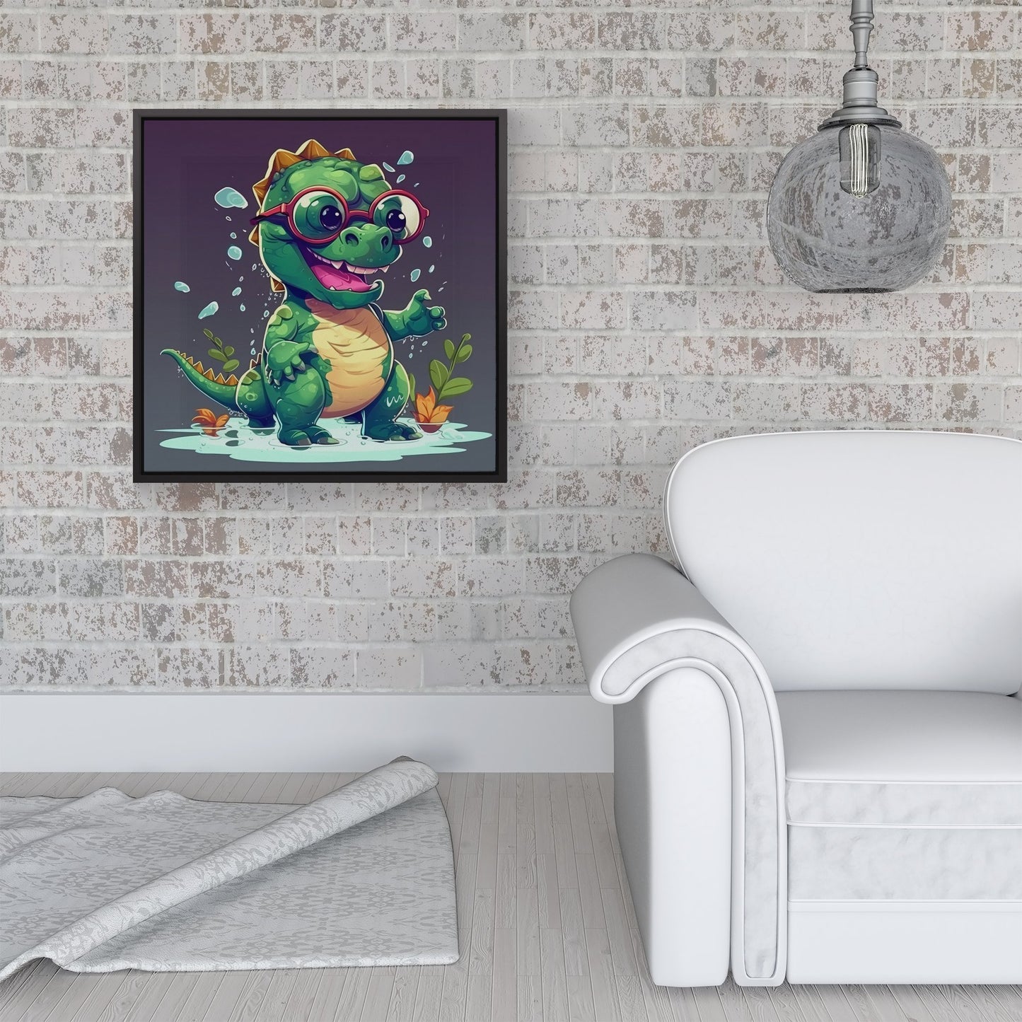 Happy Dino In A Puddle Framed Canvas