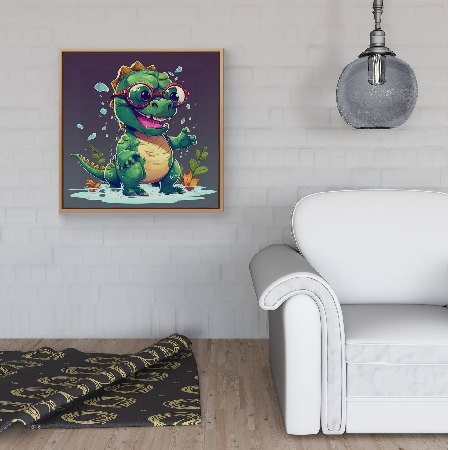 Happy Dino In A Puddle Framed Canvas