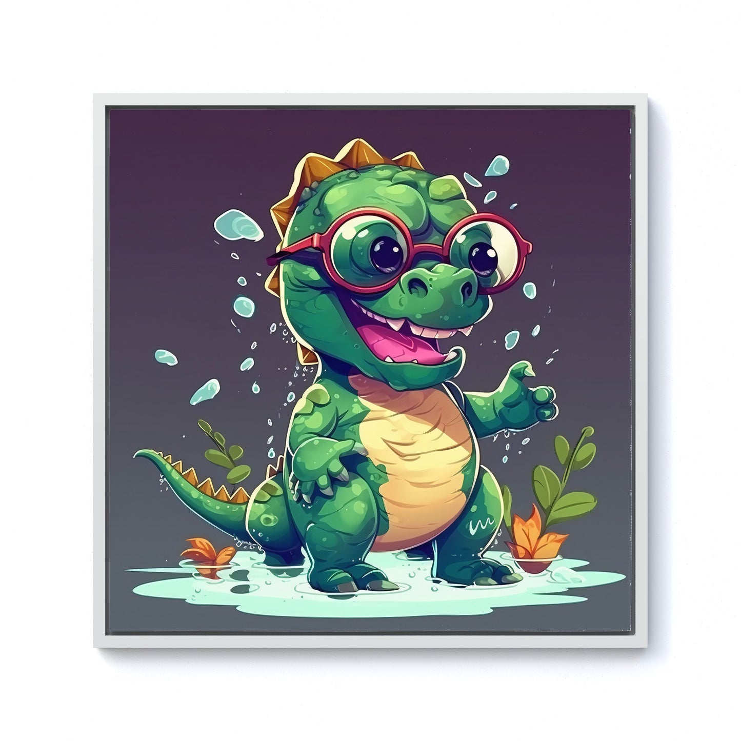 Happy Dino In A Puddle Framed Canvas