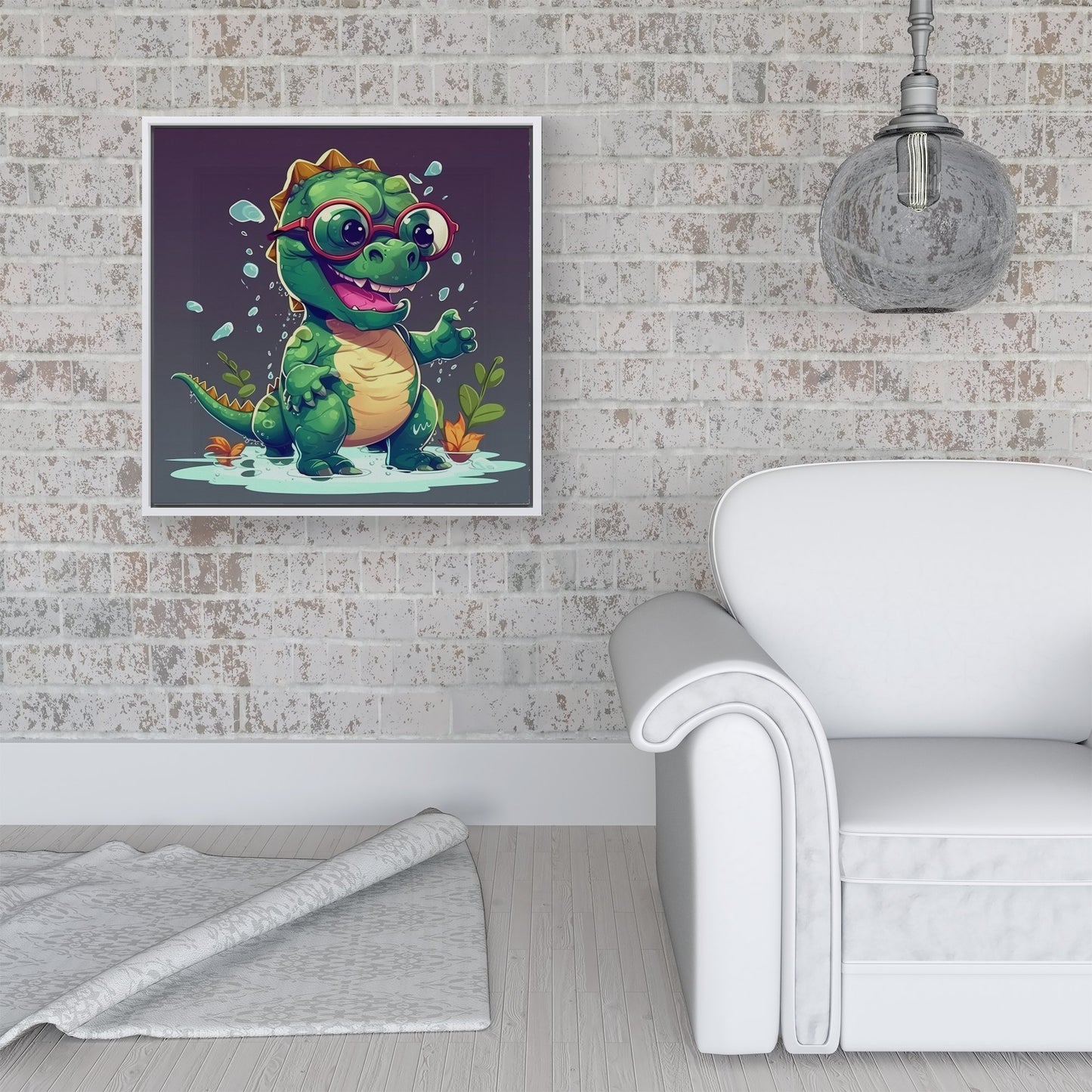 Happy Dino In A Puddle Framed Canvas