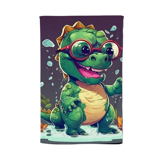 Happy Dino In A Puddle Tea Towel