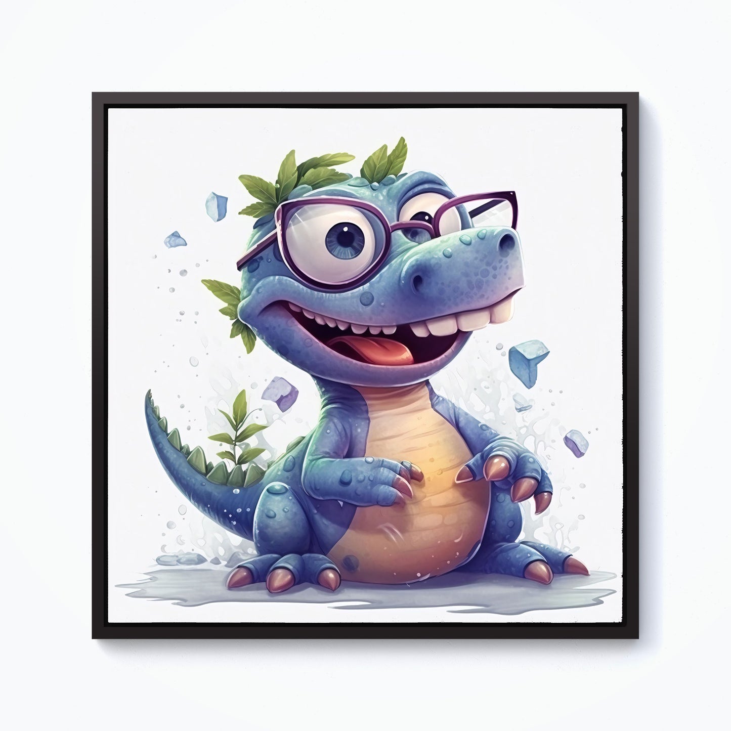 Happy Dinosaur With Glasses Framed Canvas