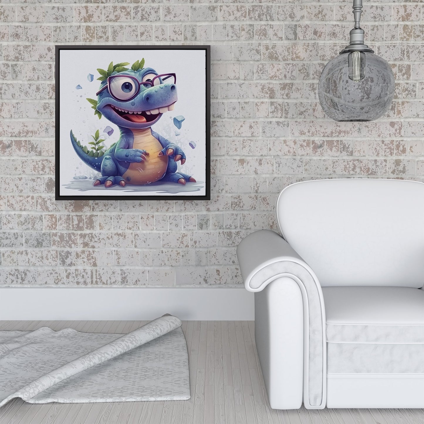 Happy Dinosaur With Glasses Framed Canvas