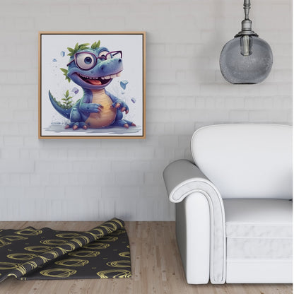 Happy Dinosaur With Glasses Framed Canvas