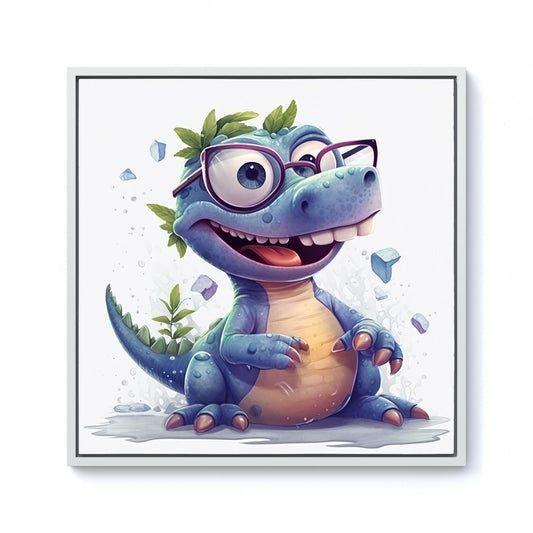 Happy Dinosaur With Glasses Framed Canvas