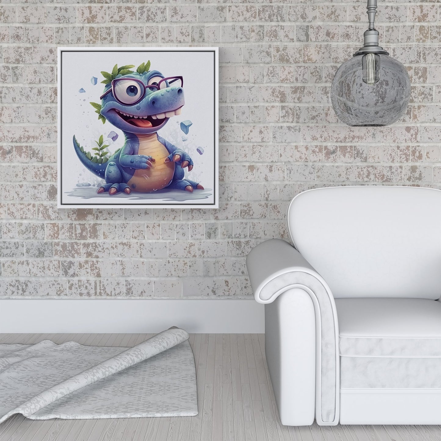 Happy Dinosaur With Glasses Framed Canvas