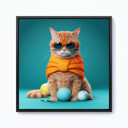 Cat In Glasses With Balls Of Wool Framed Canvas