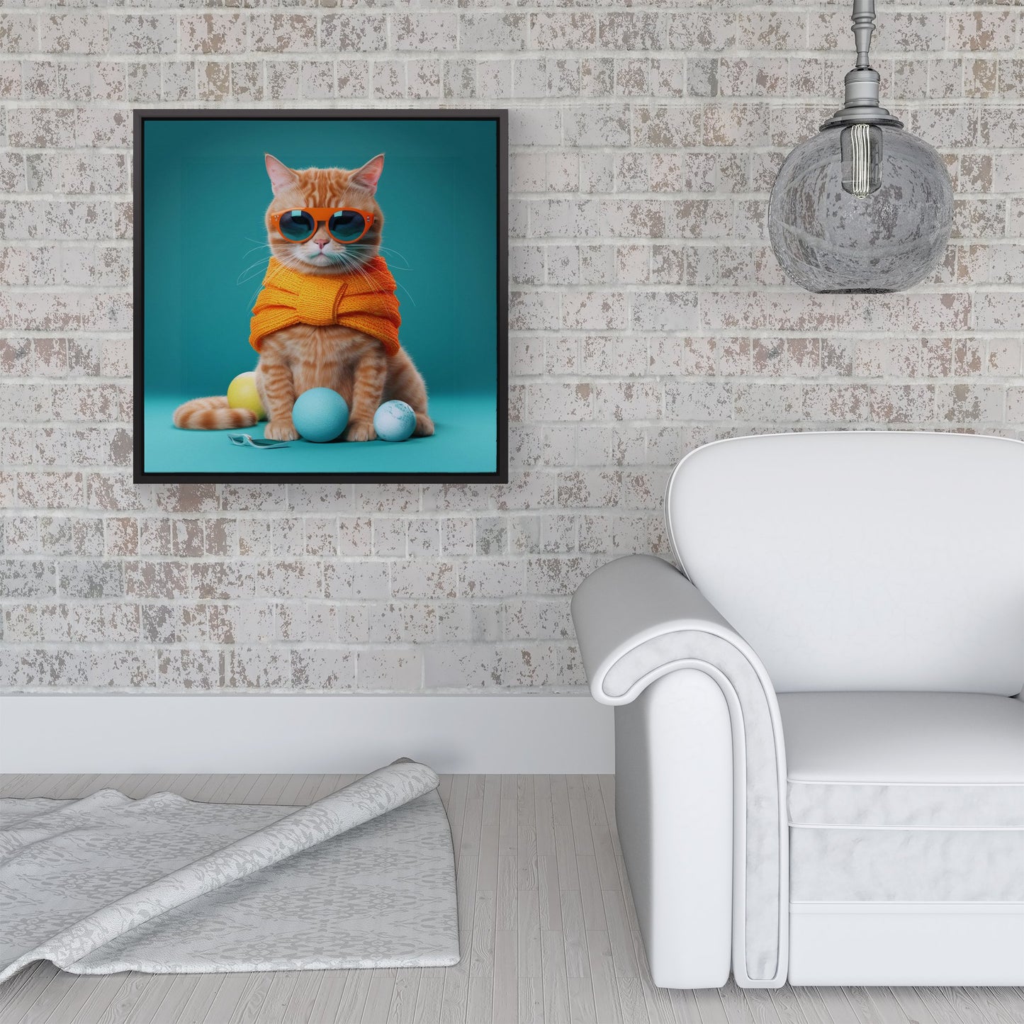 Cat In Glasses With Balls Of Wool Framed Canvas