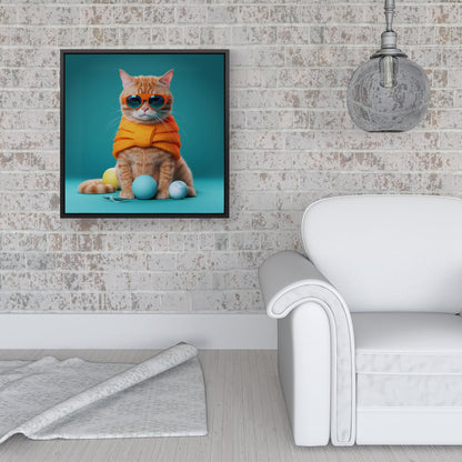 Cat In Glasses With Balls Of Wool Framed Canvas