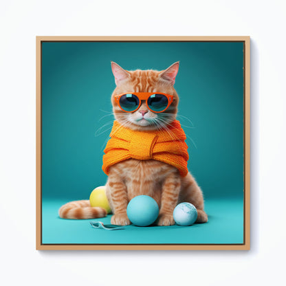 Cat In Glasses With Balls Of Wool Framed Canvas