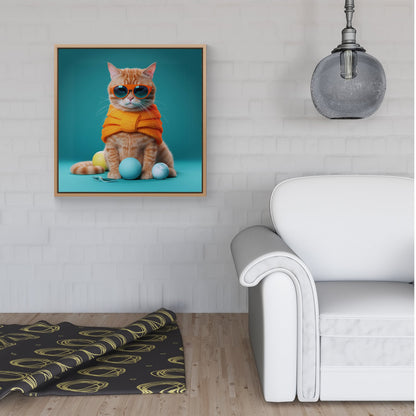 Cat In Glasses With Balls Of Wool Framed Canvas