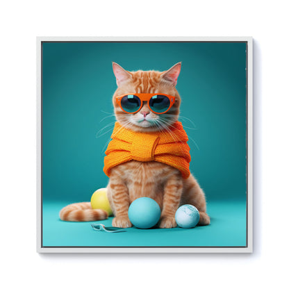 Cat In Glasses With Balls Of Wool Framed Canvas