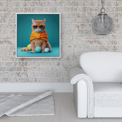 Cat In Glasses With Balls Of Wool Framed Canvas