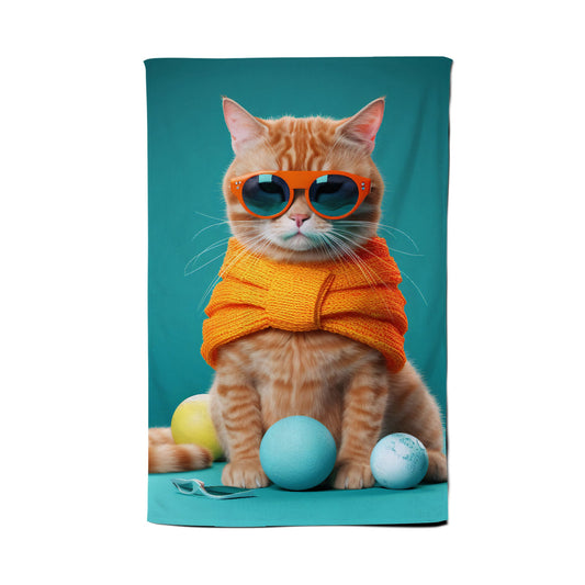 Cat In Glasses With Balls Of Wool Tea Towel