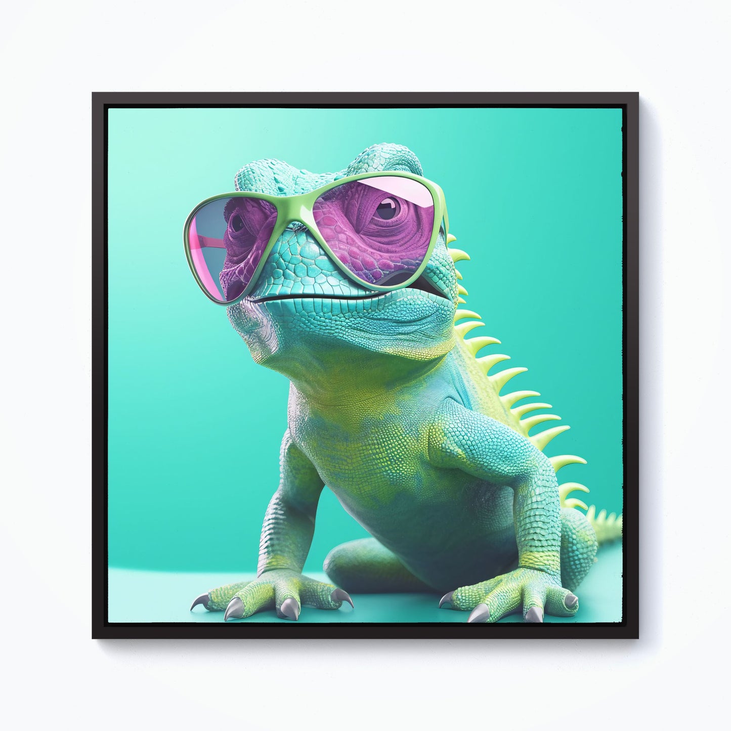 Happy Splashart Iguana Wearing Glasses Framed Canvas