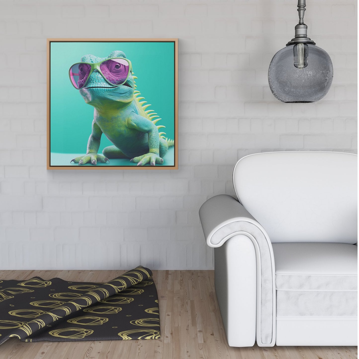 Happy Splashart Iguana Wearing Glasses Framed Canvas