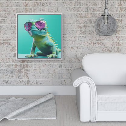 Happy Splashart Iguana Wearing Glasses Framed Canvas