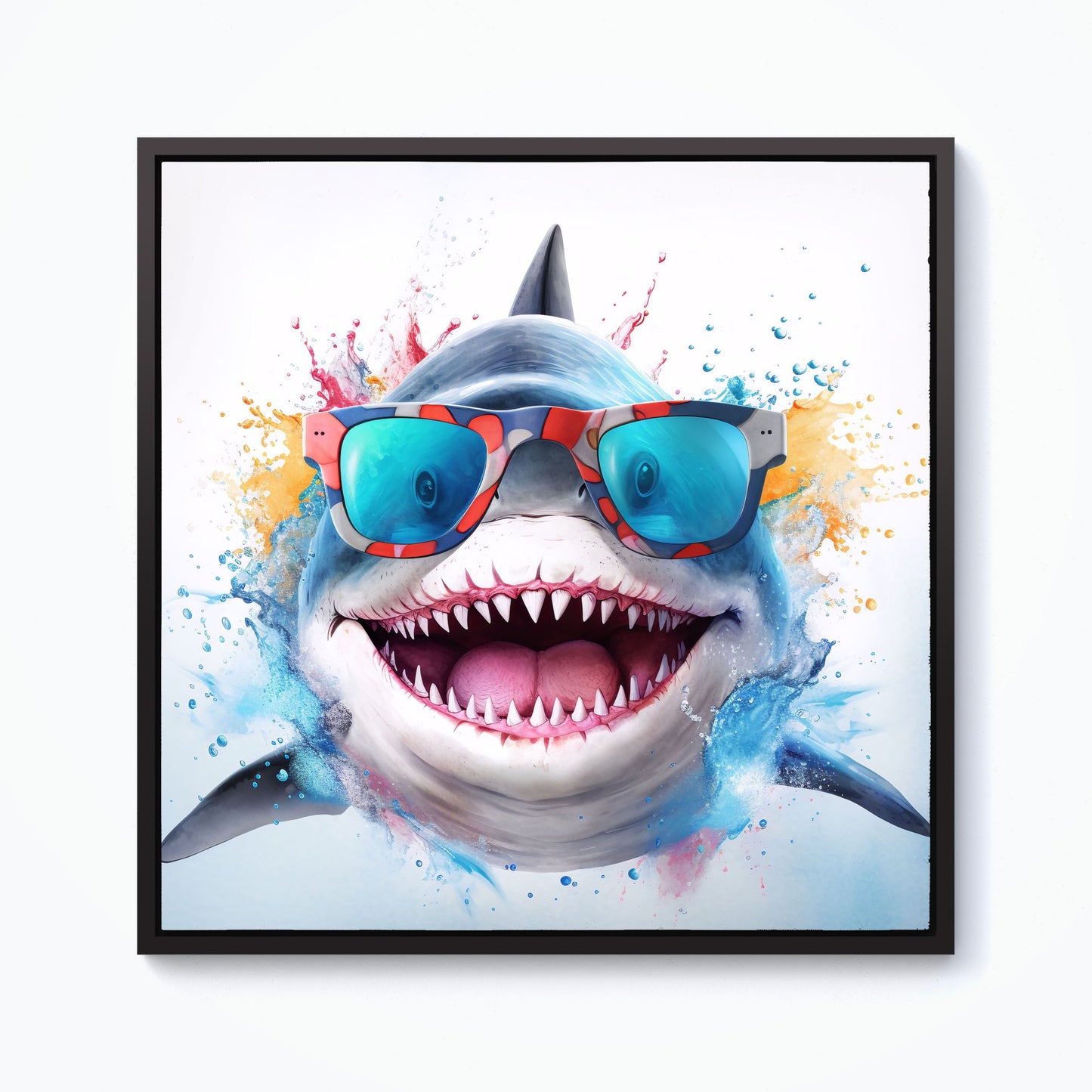 Splashart Shark In Glasses Framed Canvas