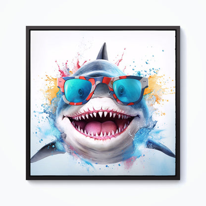 Splashart Shark In Glasses Framed Canvas