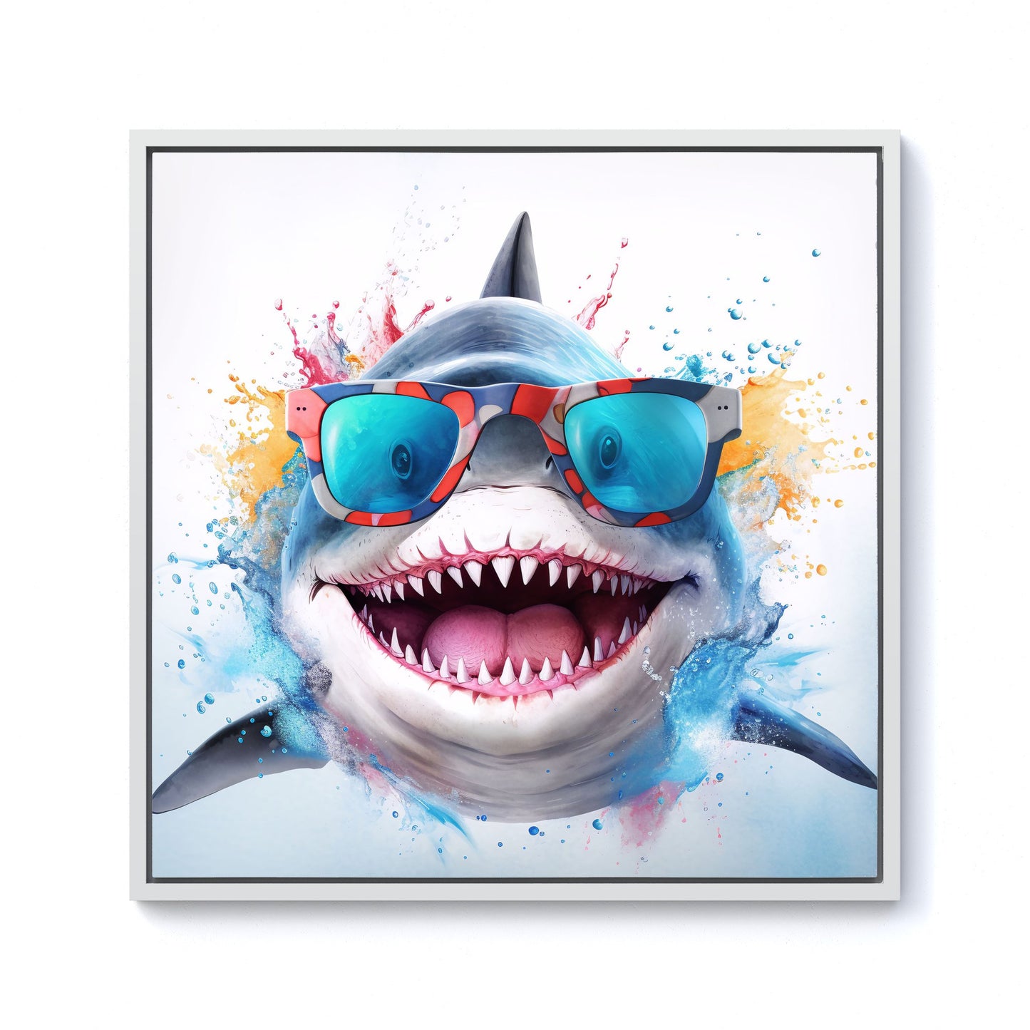 Splashart Shark In Glasses Framed Canvas