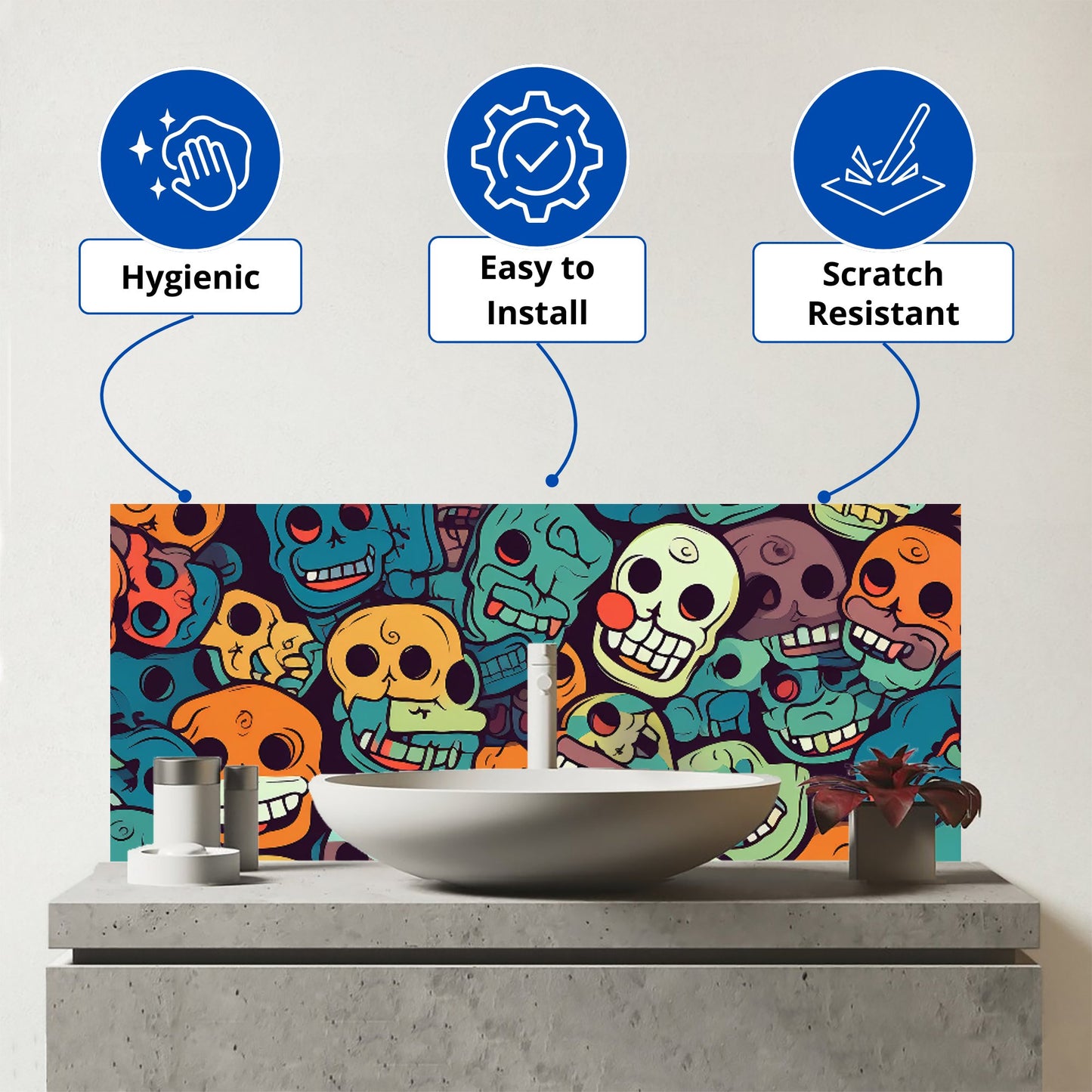 Smiling Skulls Pattern Glass Bathroom Splashback