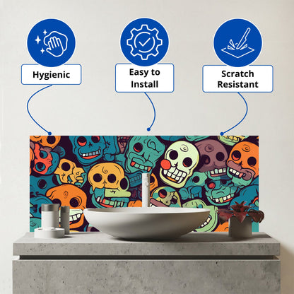 Smiling Skulls Pattern Glass Bathroom Splashback