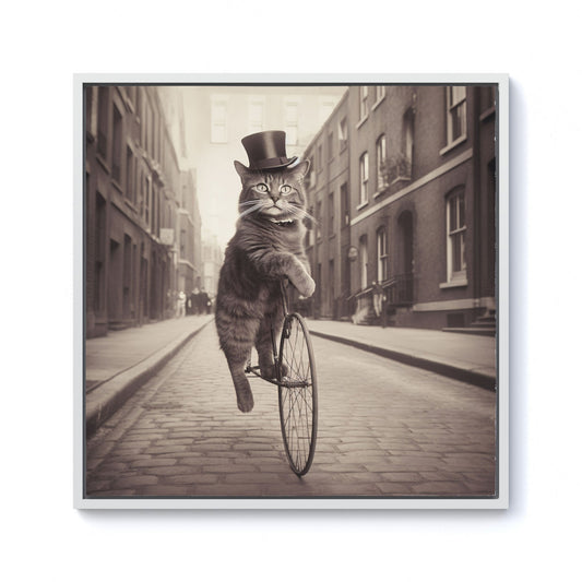 Victorian Cat Riding A Bike Framed Canvas