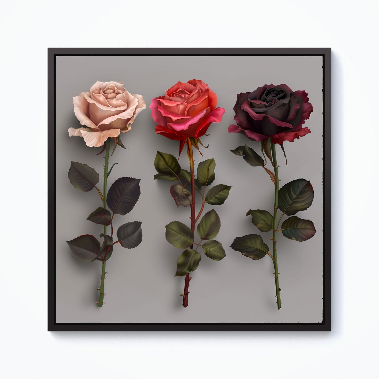 3 Red And Pink Roses Framed Canvas